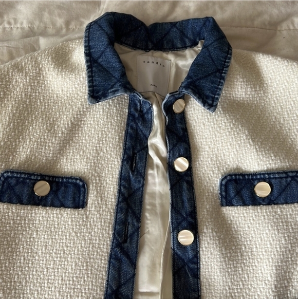 SANDRO Chelby Tweed Denim Jacket White Blue Coat 38 6 Medium - Picture 8 of 10